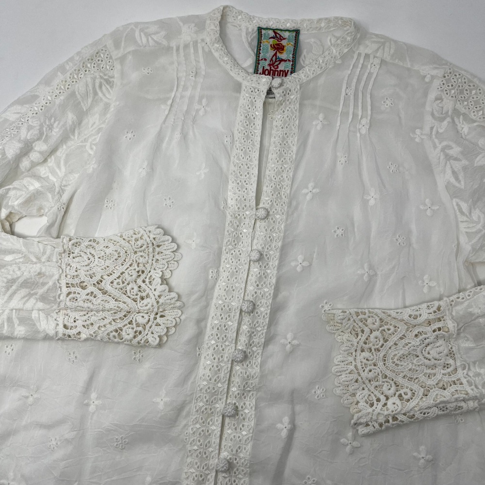 Johnny Was Winter Bunny Blouse White Eyelet Lace Embroidered Top Size XS